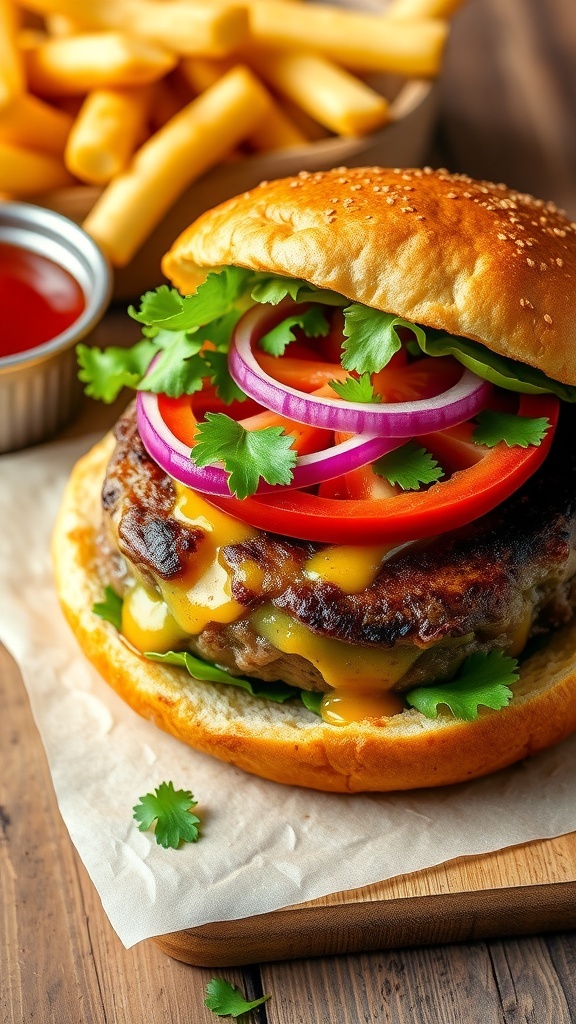 A crust burger with a juicy patty, cheese, lettuce, tomato, and onion on a toasted bun, served with fries.